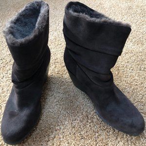 Calvin Klein brown suede wedge heel boots with faux fur lining, size 9